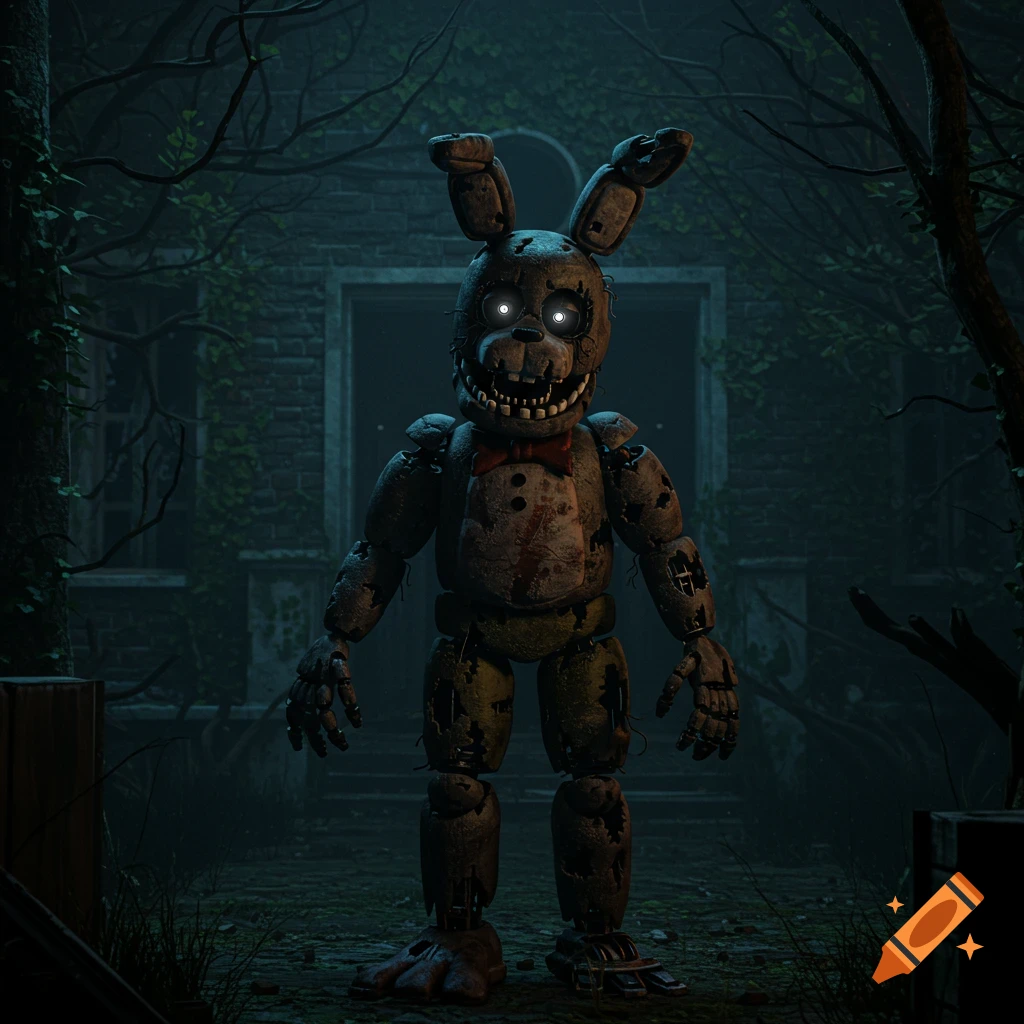 A terrifying, broken animatronic bunny with glowing eyes stands in front of a dark, ivy-covered abandoned building at night.