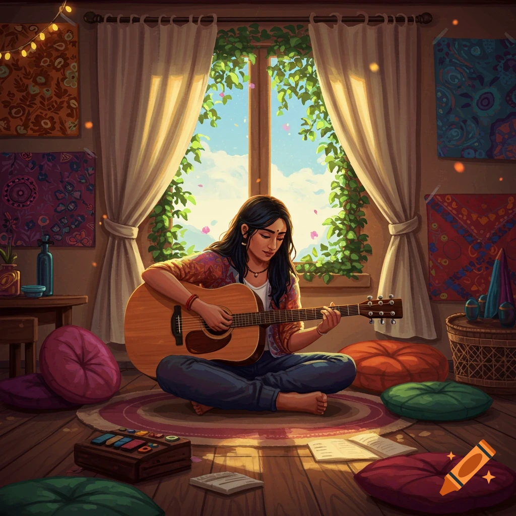 An illustrated woman sits playing an acoustic guitar in a cozy, bohemian-style room with a sunny window, plants, and colorful cushions.