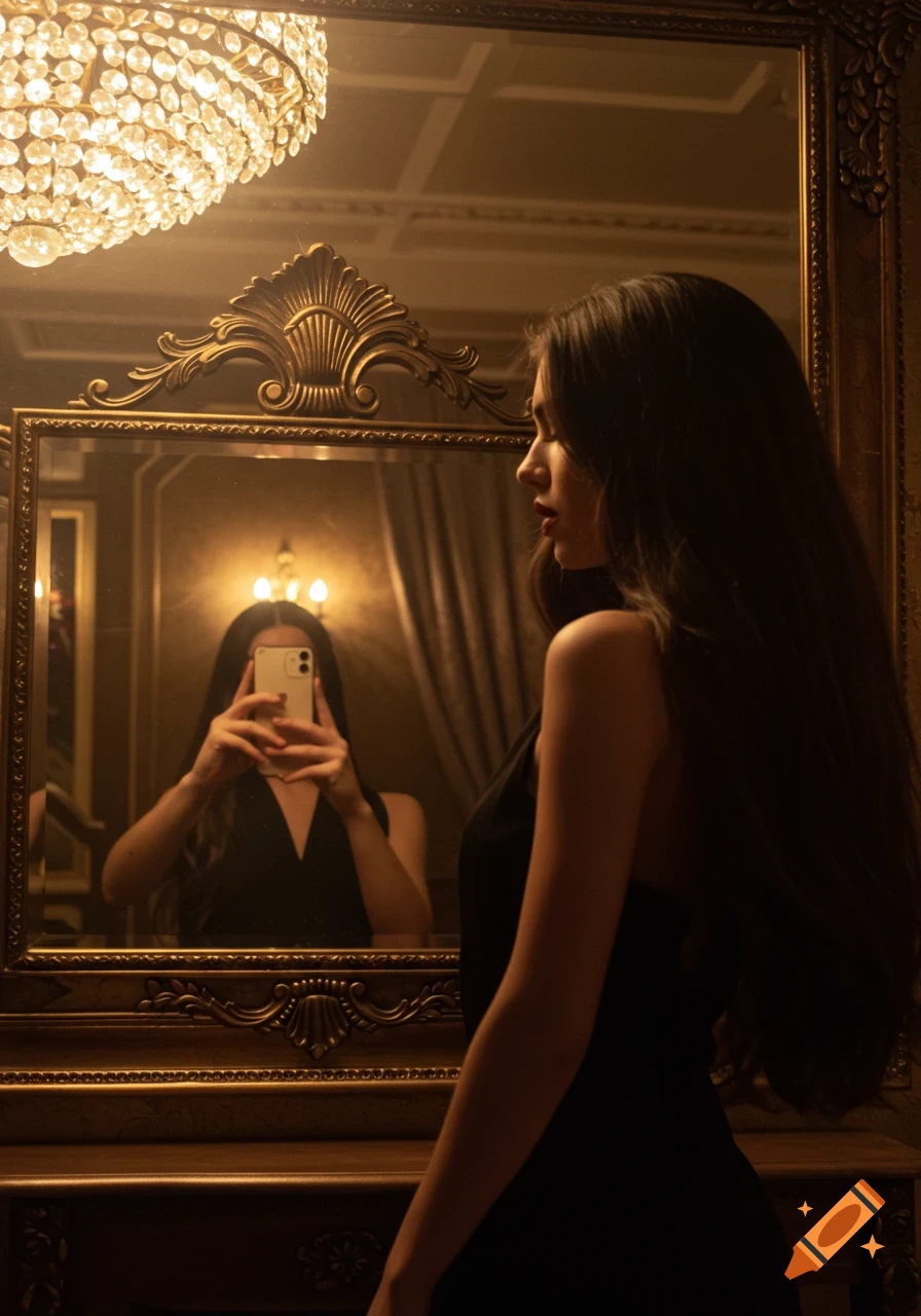 A woman with long dark hair in a black dress takes a mirror selfie in an ornate room with a chandelier.