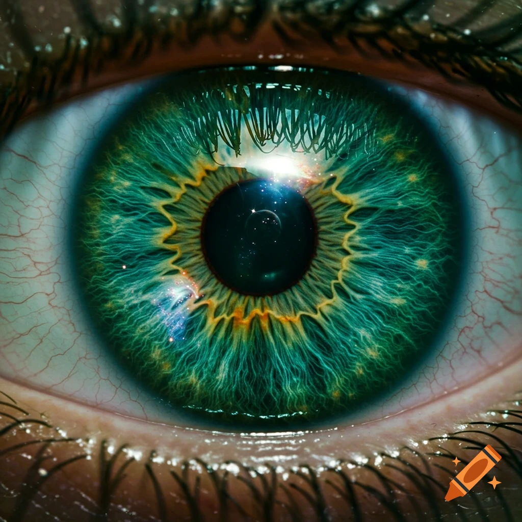 A photorealistic close-up of a human eye with a vibrant green iris and a pupil reflecting a starry universe.