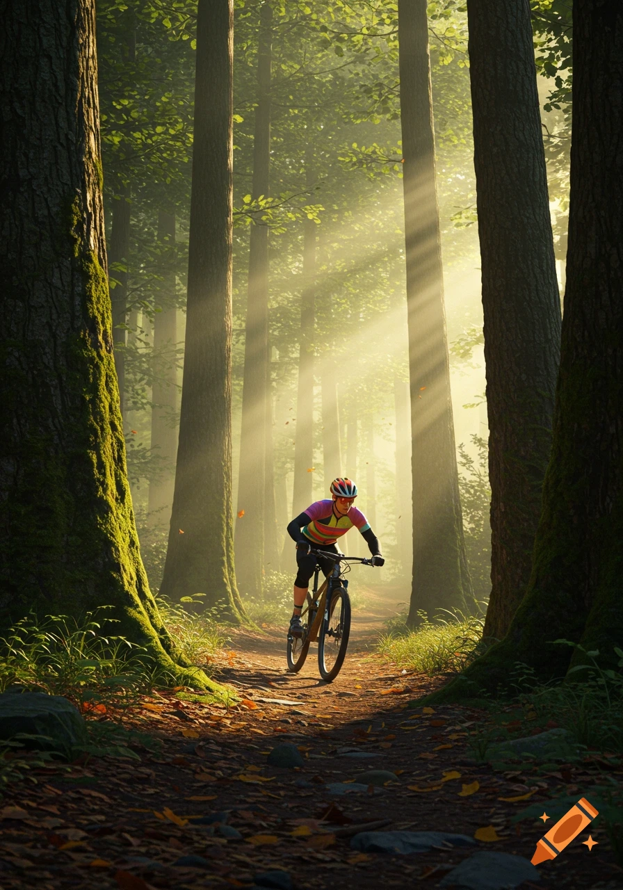 A mountain biker rides on a sun-dappled forest trail through tall trees in the morning light.