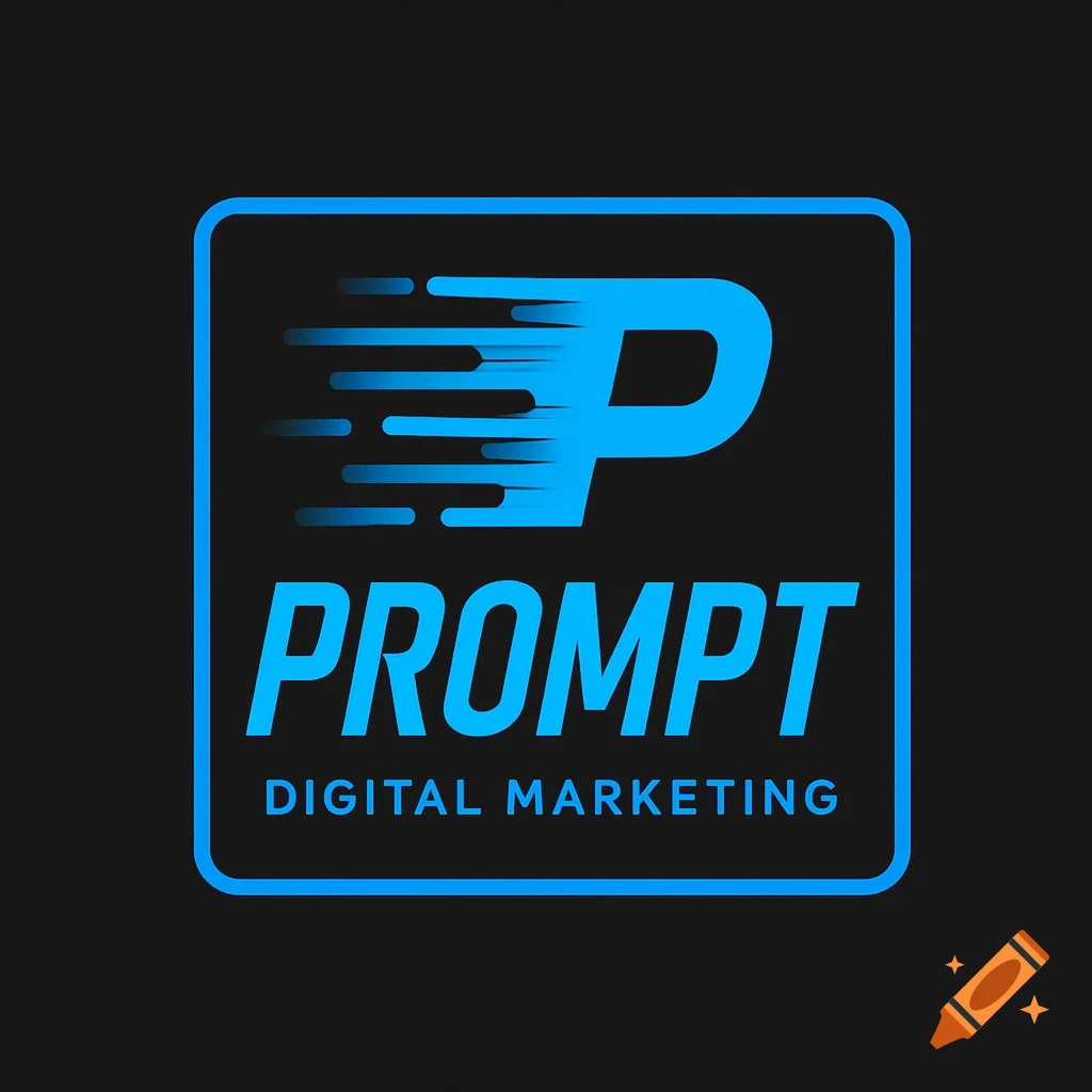 Blue and black logo with a stylized 'P' and motion lines, text reads 'PROMPT DIGITAL MARKETING'.