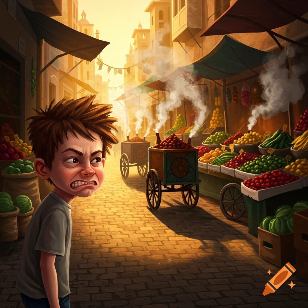 An illustrated boy with spiky brown hair grimacing at a bad smell in a bustling market street at sunset.