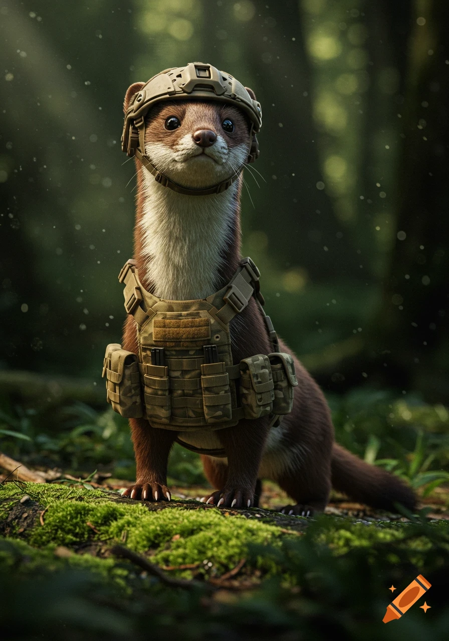 A photorealistic weasel wearing a tactical helmet and vest stands on moss in a lush forest.