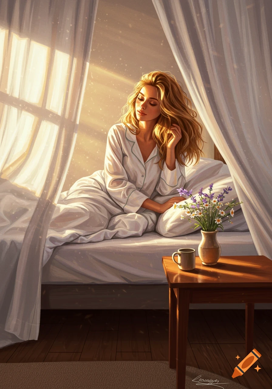 Digital painting of a woman with blonde hair in white pajamas sitting on a bed in a sunlit room, with a vase of flowers on a nightstand.