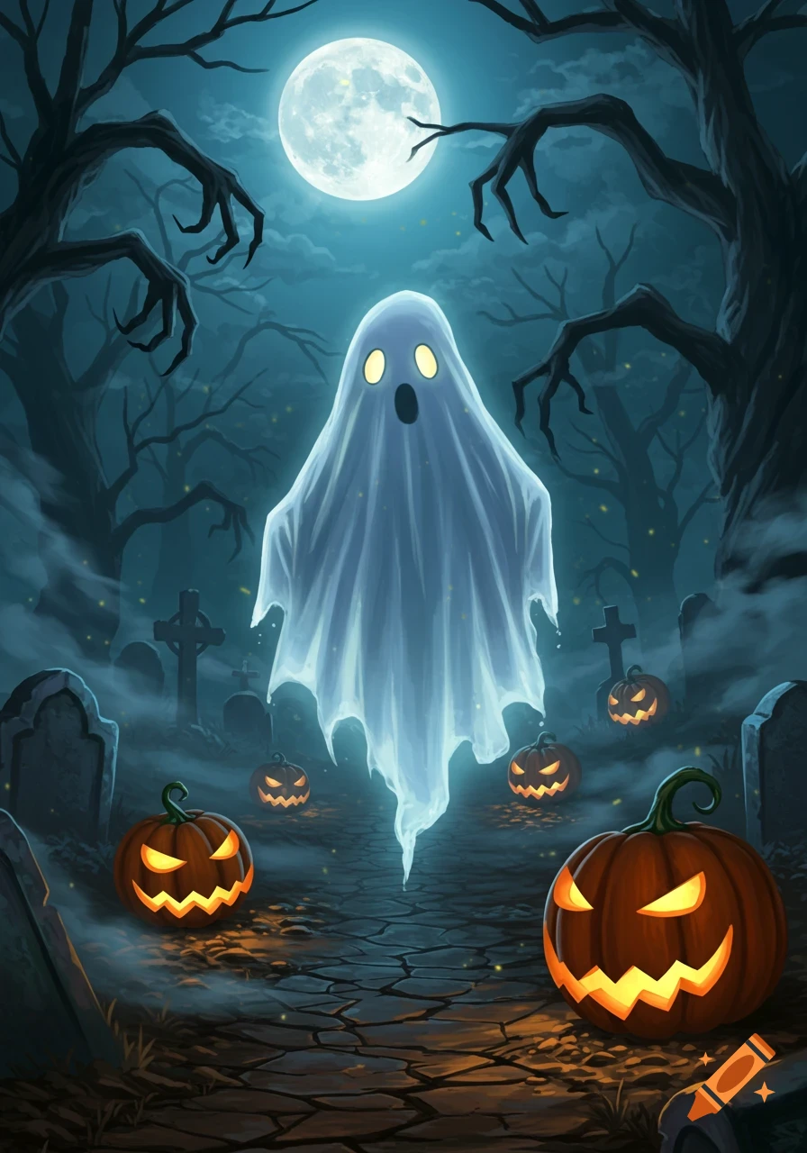 A glowing white cartoon ghost floats in a foggy graveyard with jack-o'-lanterns and gnarled trees under a full moon.
