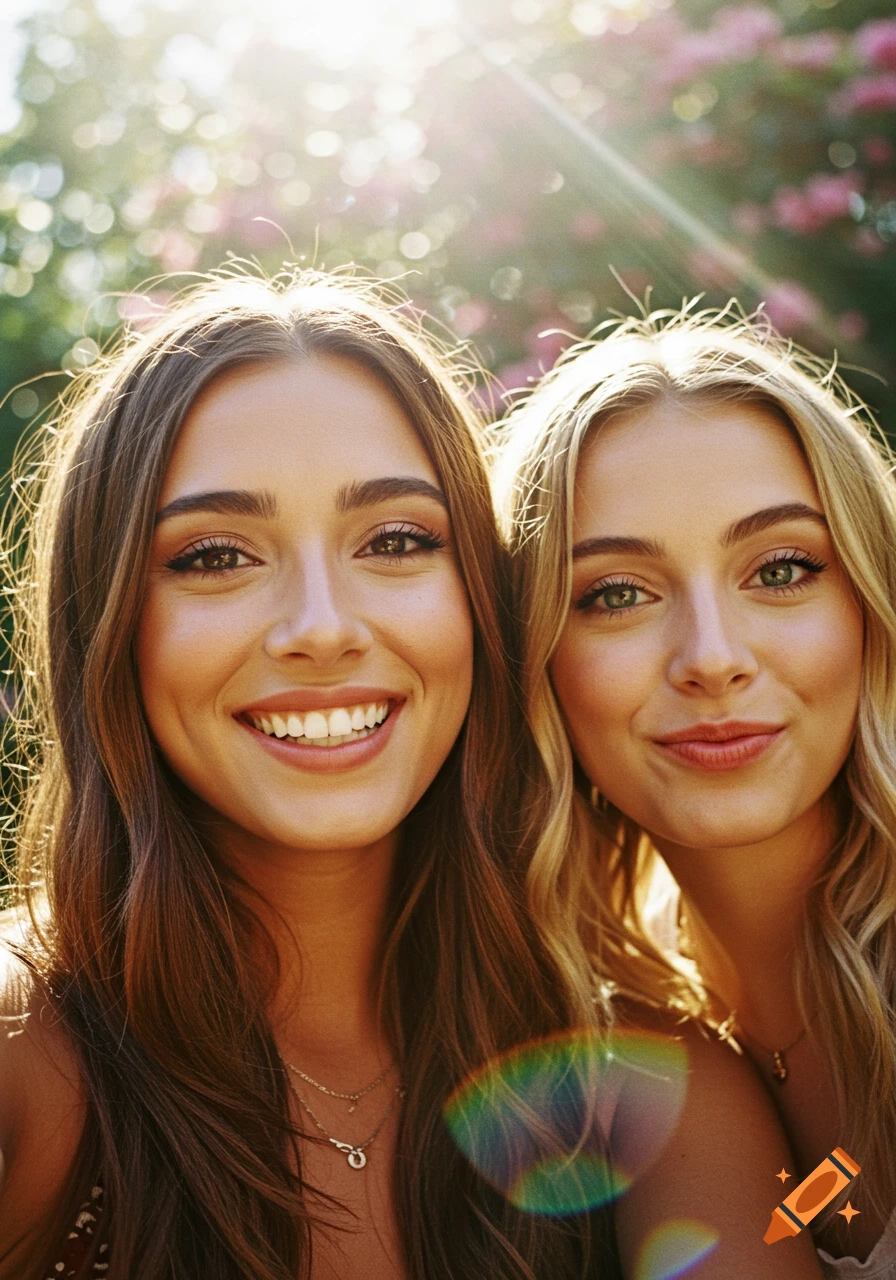Two smiling young women taking a photorealistic selfie outdoors with bright sunlight.