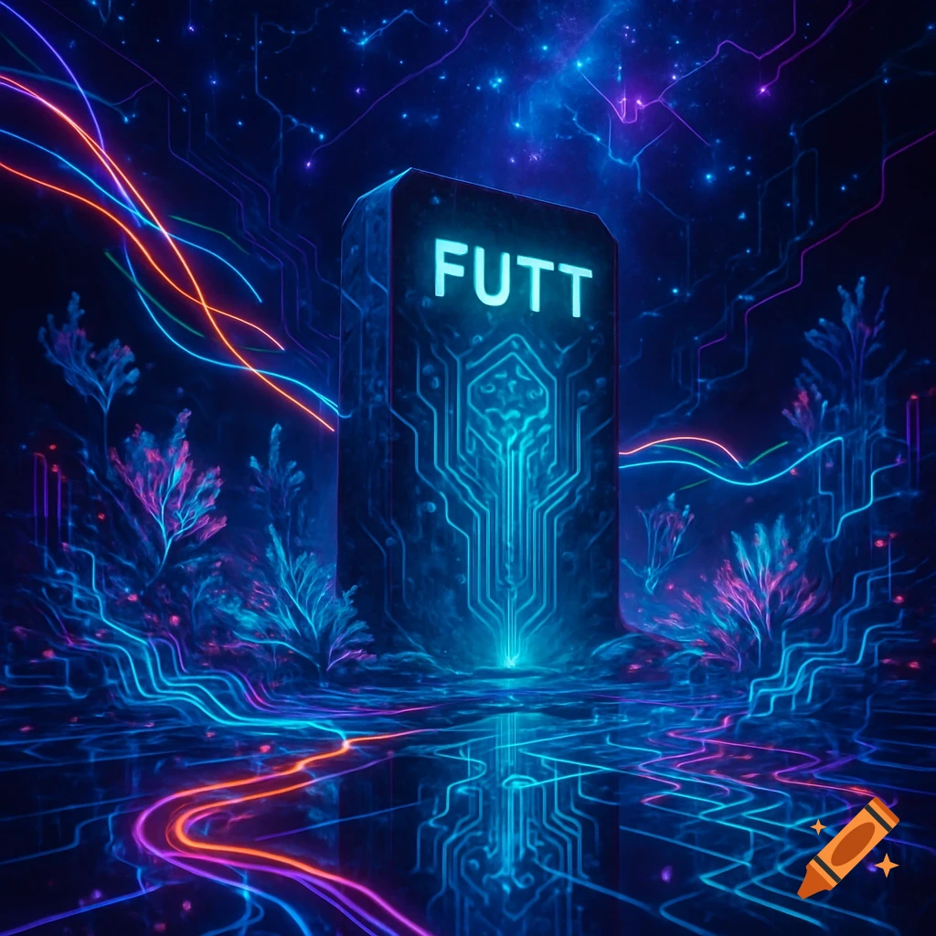 A glowing block with 'FUTT' in a dark, neon blue and pink futuristic environment with circuit patterns and reflective surfaces.