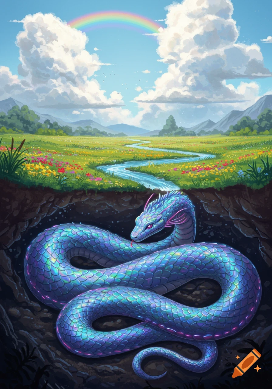 An iridescent blue and purple snake coiled underground looks up at a vibrant landscape with a rainbow, river, and wildflowers.