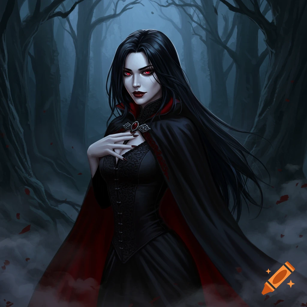 Dark fantasy illustration of a pale, red-eyed vampire woman with long black hair, wearing a black dress and red-lined cloak, standing in a misty forest.