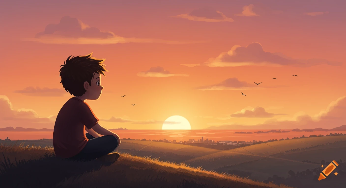 A cartoon boy sits on a grassy hill, watching a vibrant orange and pink sunset over a body of water and distant cityscape.