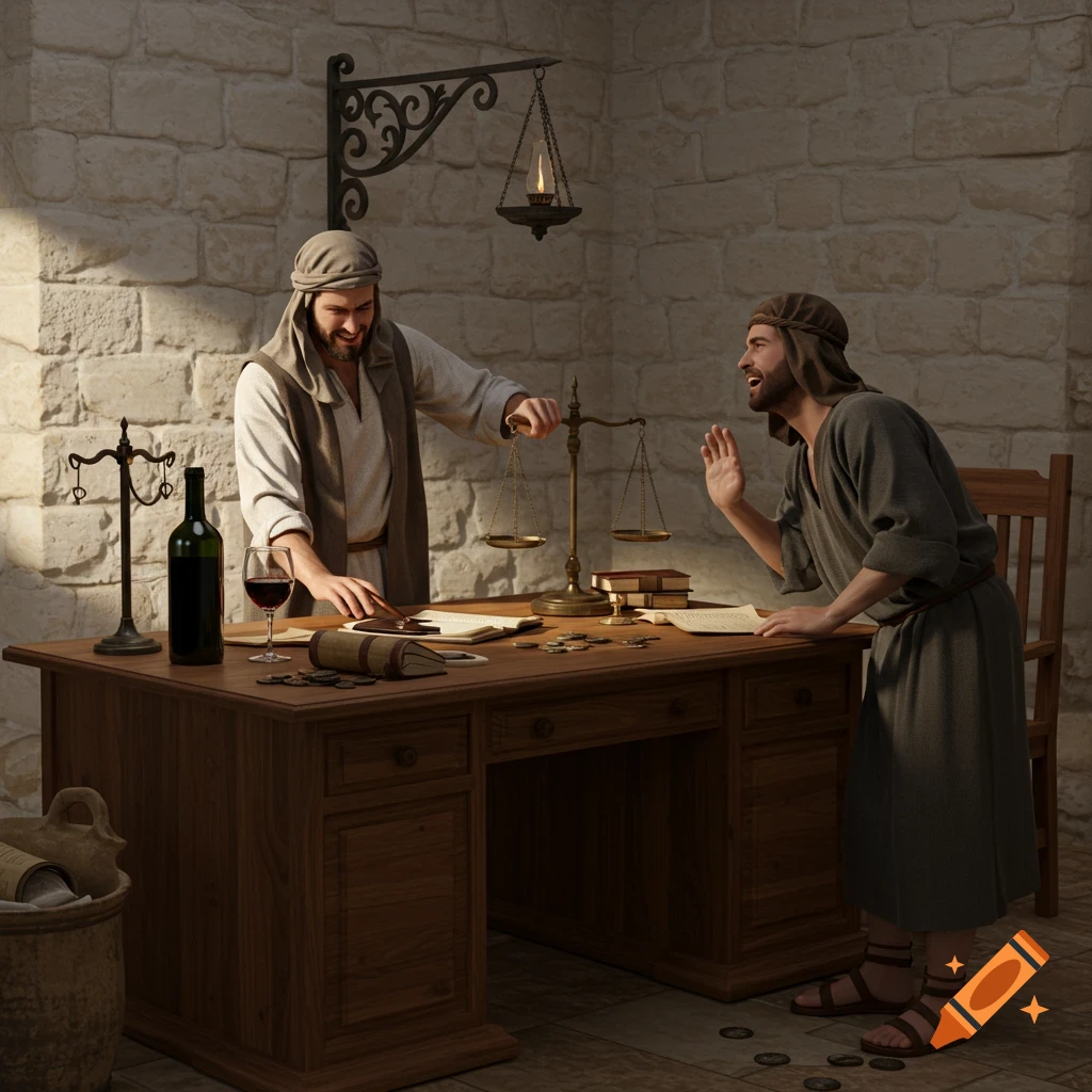 Two men in ancient attire, one at a desk with scales, coins, and wine, conversing with a gesturing worker in a stone-walled room.