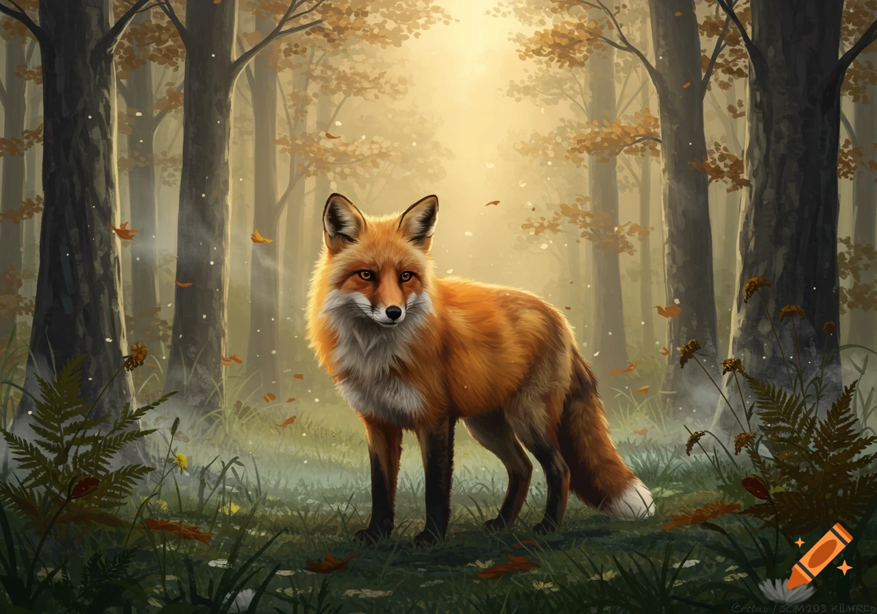 A stylized illustration of a red fox standing in a sunlit autumn forest.