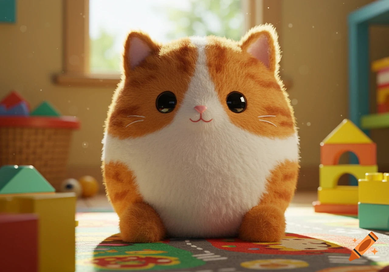 Fluffy orange and white Squishmallow-style cat plush toy with big black eyes on a playmat in a sunny room.