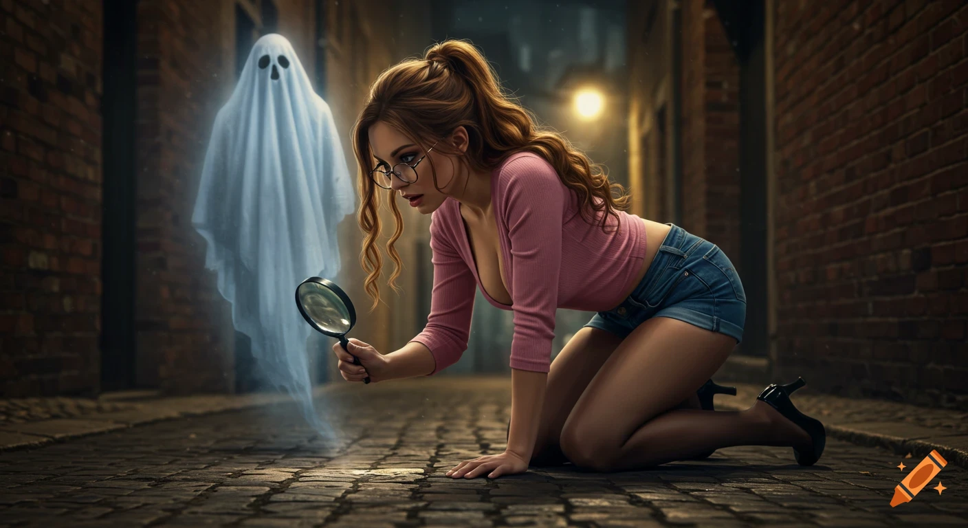 A woman with long hair and glasses kneels in a dark alley, examining the ground with a magnifying glass, as a sheet ghost hovers behind her. Realistic style.