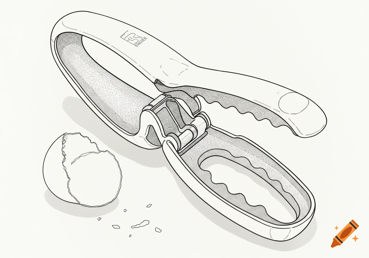Line drawing of an open egg cracker device next to a broken eggshell.