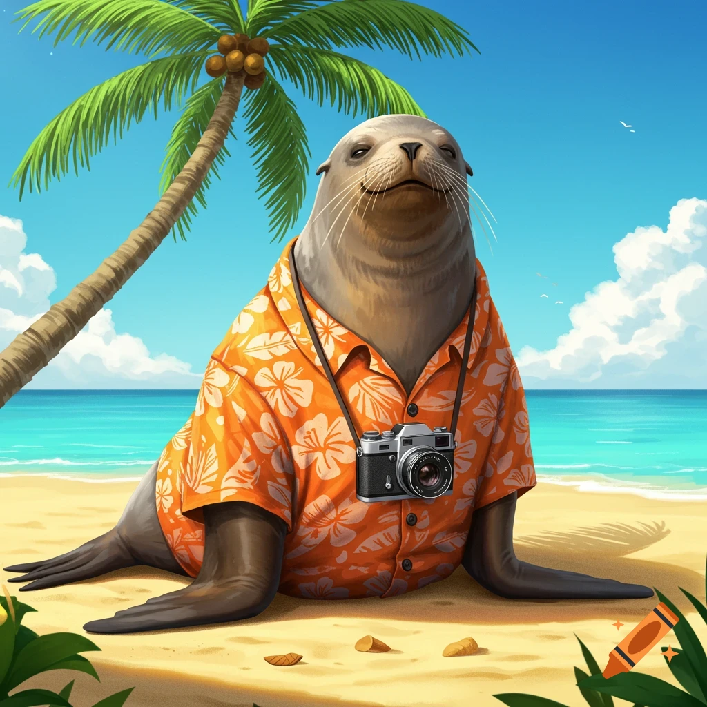 A smiling seal in a Hawaiian shirt with a camera poses on a sandy tropical beach under a palm tree.