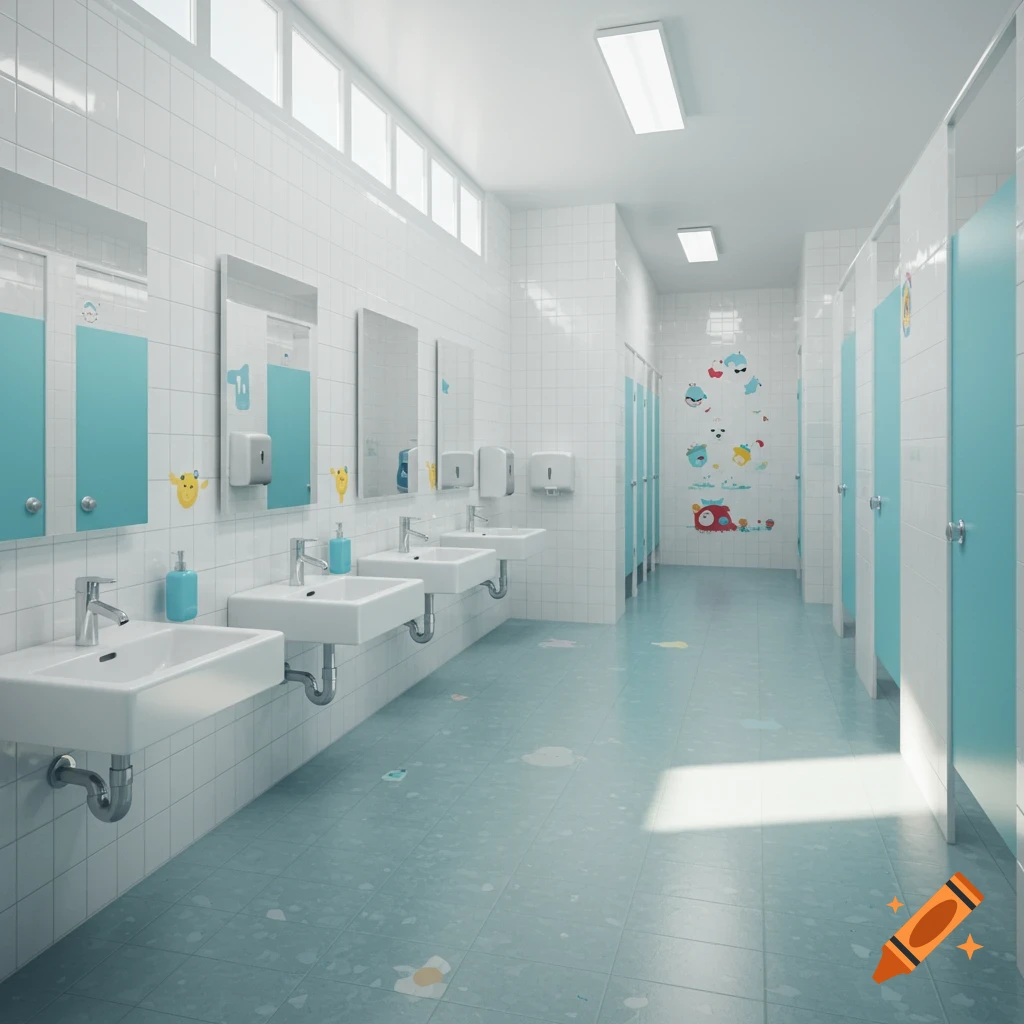 A clean, brightly lit primary school restroom with multiple white sinks, light blue walls, and colorful cartoon decals.