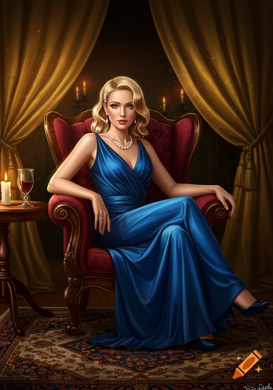 An elegant blonde woman in a blue gown and pearls sits regally in a red armchair in a luxurious room, illuminated by candlelight.