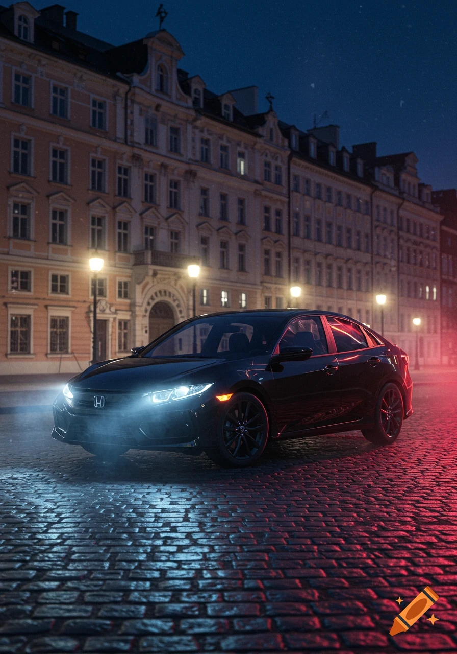 A black Honda Civic sedan parked on a cobblestone street at night, illuminated by blue and red street lights, with historic buildings in the background.
