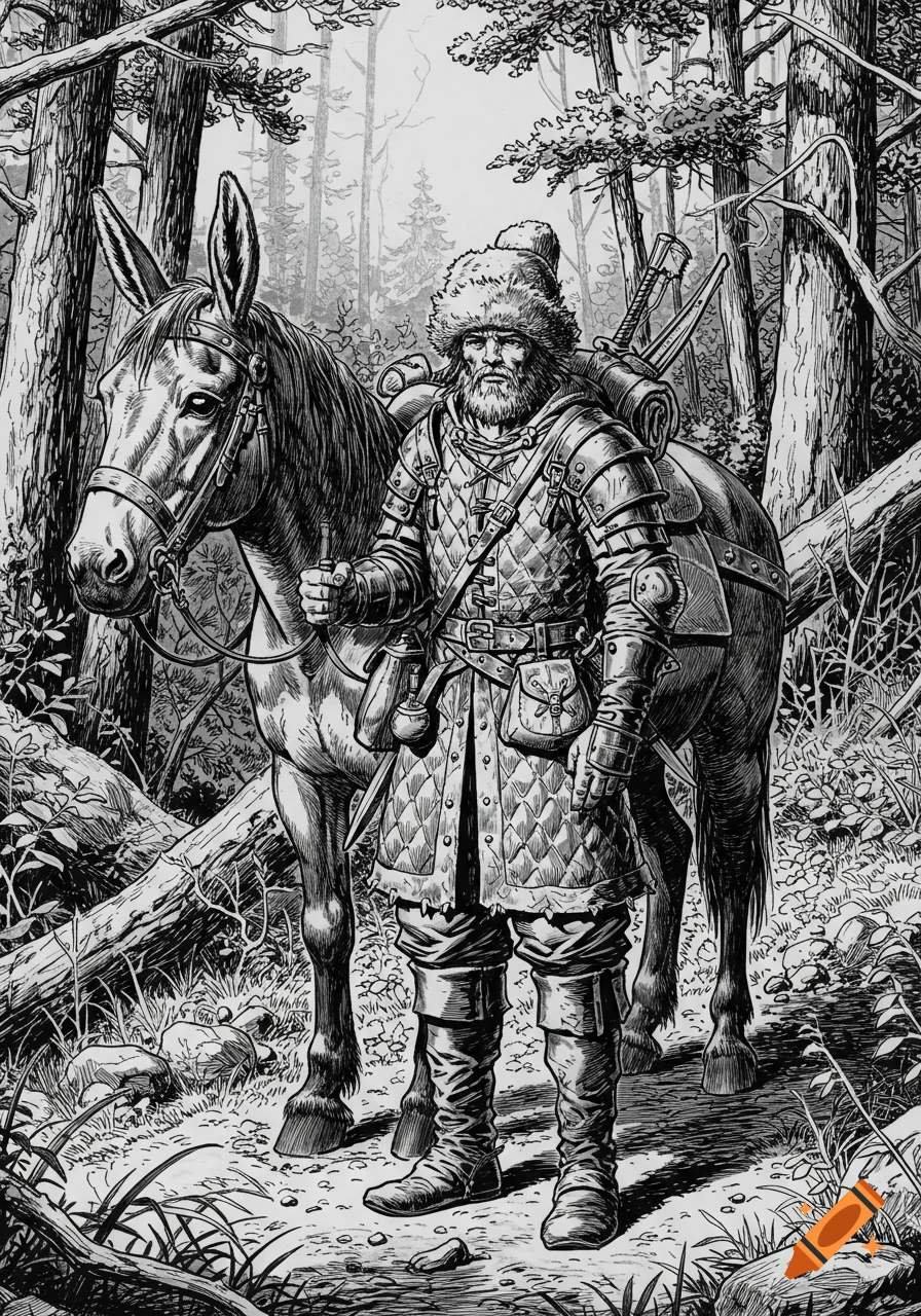 A bearded medieval hunter in armor and a fur hat stands next to his mule in a forest, depicted in a black and white ink drawing style.