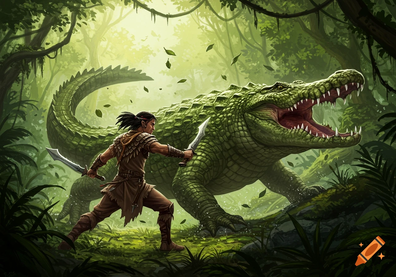 A warrior with swords confronts a giant crocodile in a lush, green jungle, rendered in a fantasy art style.