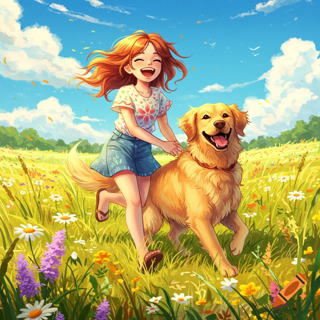 A happy, red-haired anime girl in denim shorts runs through a sunny, flower-filled meadow with a joyful Golden Retriever.