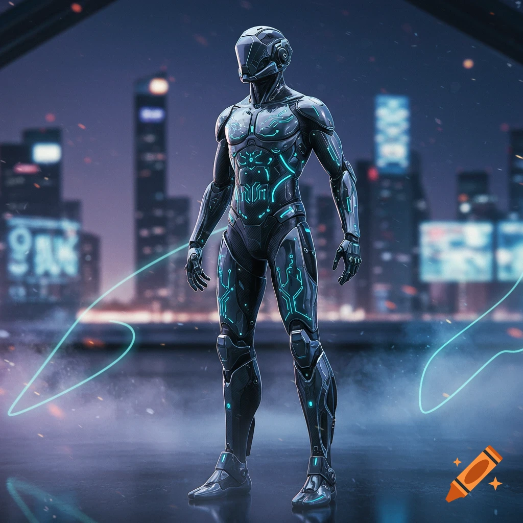 A dark, futuristic robot with glowing blue circuits stands in a cyberpunk city at night, photorealistic.