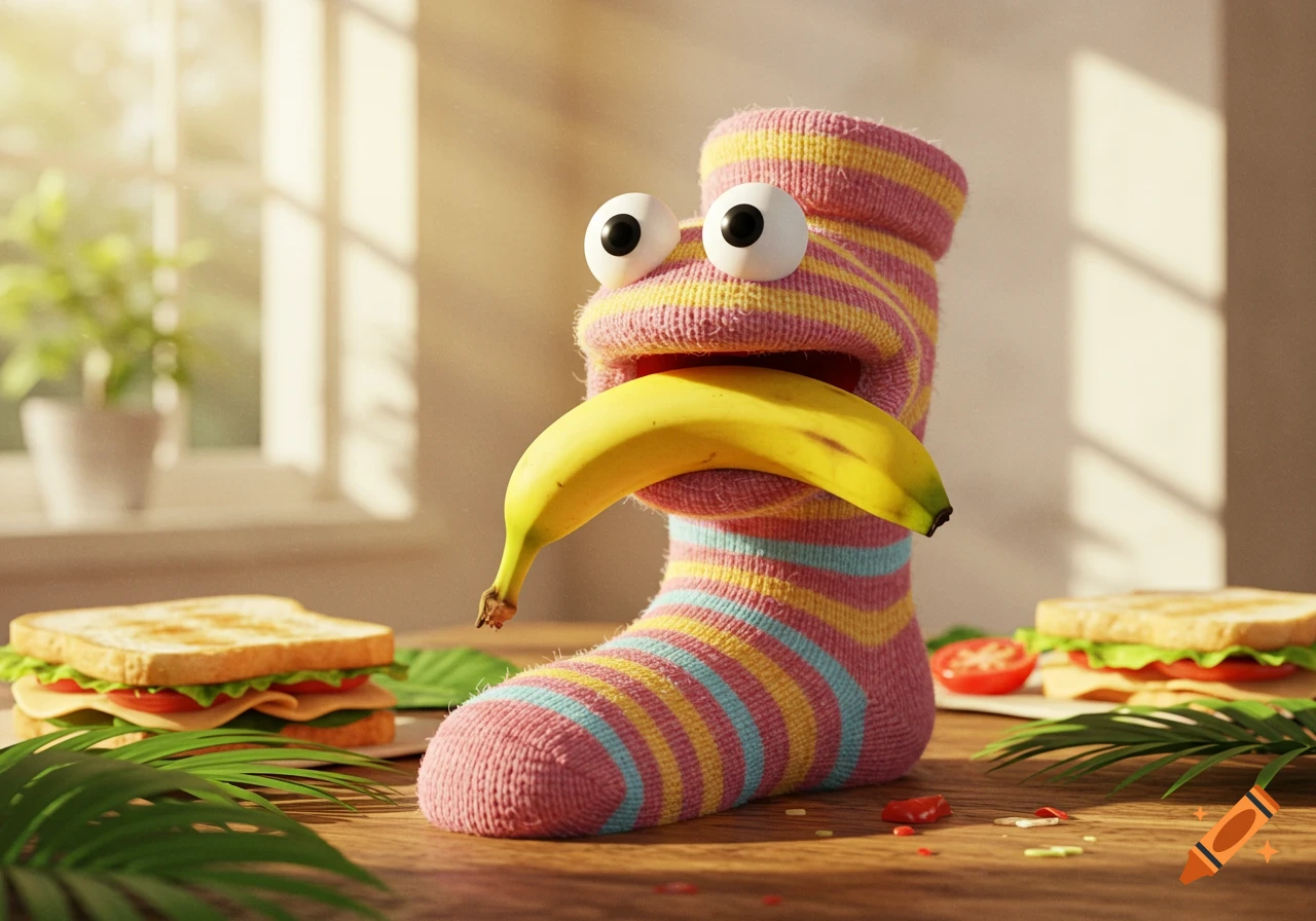 A whimsical, photorealistic image of a pink, yellow, and blue striped sock puppet with googly eyes holding a banana in its mouth on a wooden table with sandwiches.