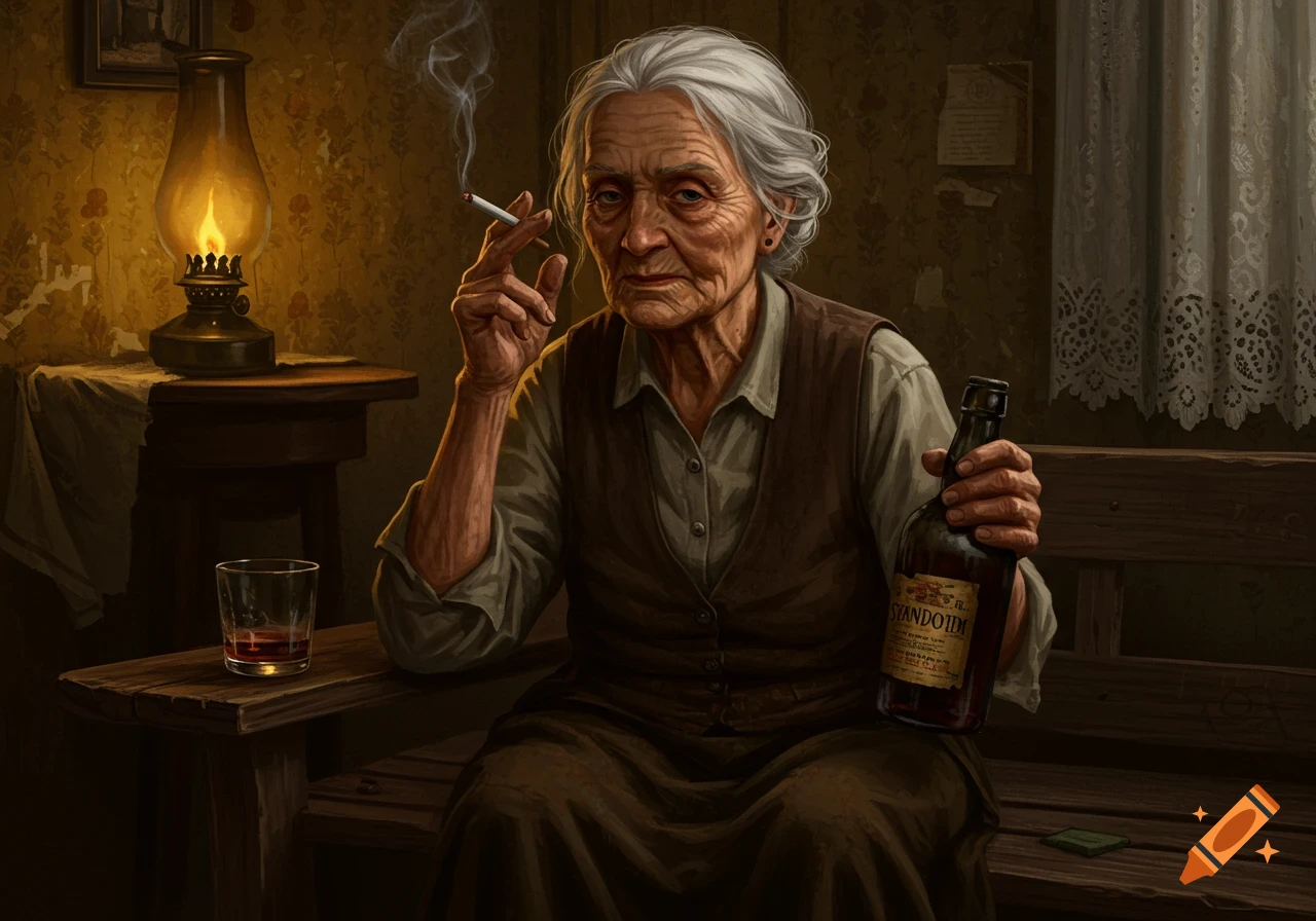 A stern old woman with white hair smokes a cigarette and holds a liquor bottle, sitting by a glass and an oil lamp.