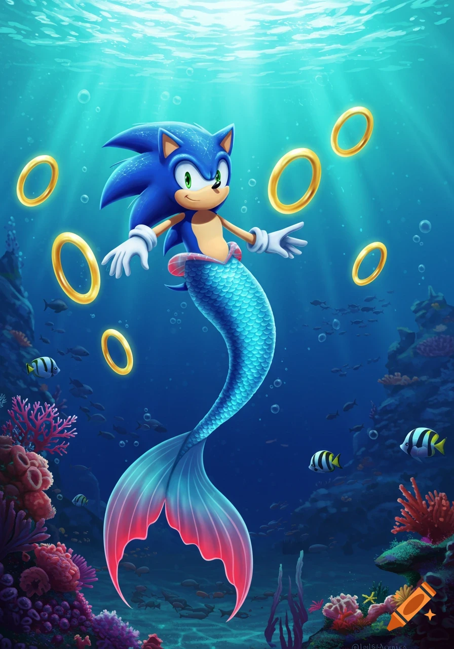 Sonic the Hedgehog as a merman, swimming underwater among gold rings and coral in an anime artstyle.