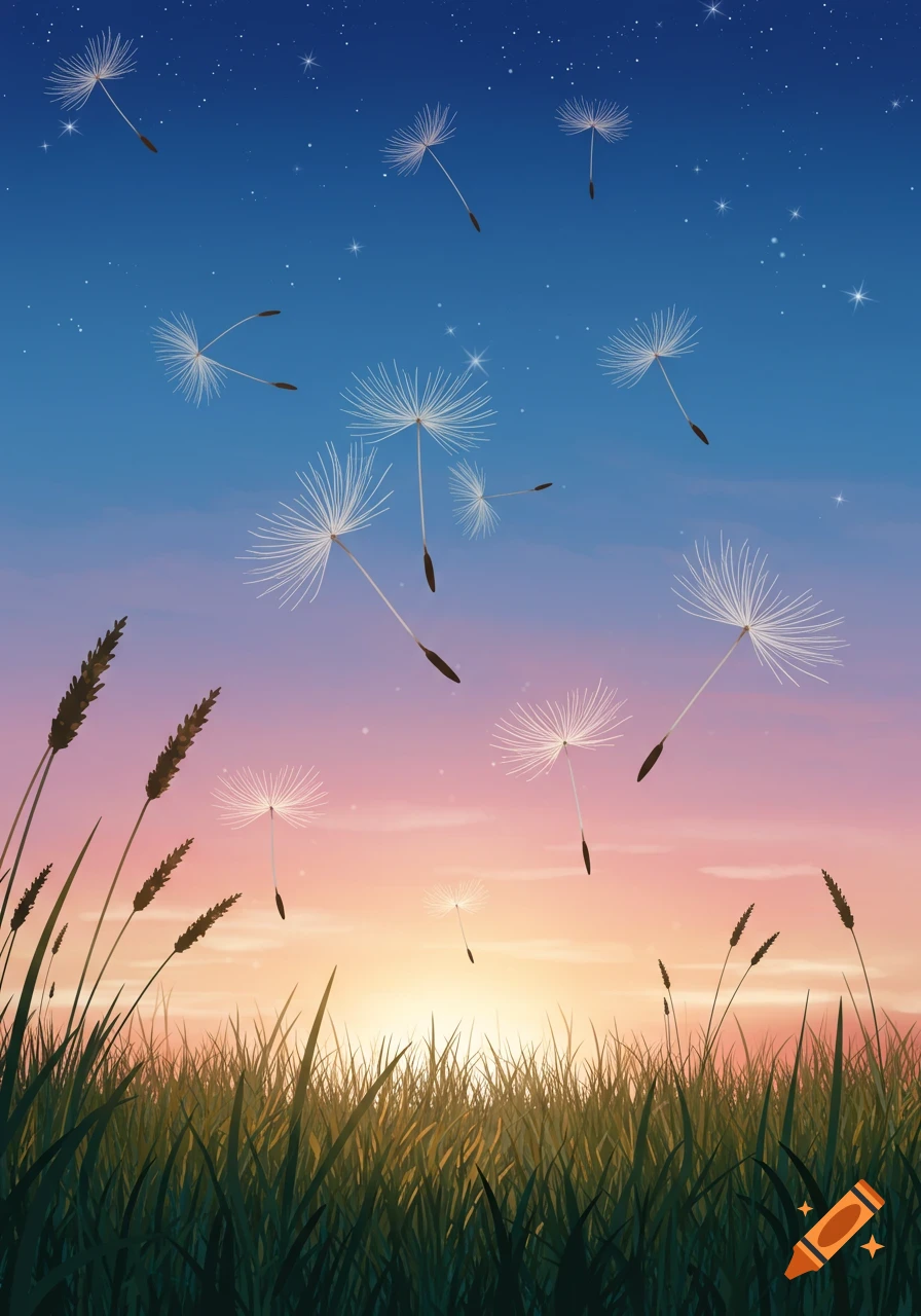Illustration of dandelion seeds floating over a grassy field at sunset, with a vibrant sky.