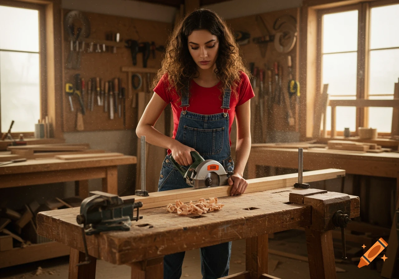 A photorealistic image of a woman with curly hair, wearing a red shirt and denim overalls, cutting a wooden plank with a circular saw in a busy workshop.