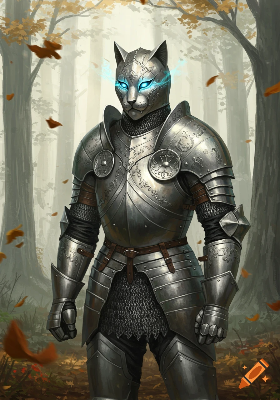 A knight in full silver armor with a glowing-eyed cat-shaped helmet stands in an autumn forest with falling leaves.