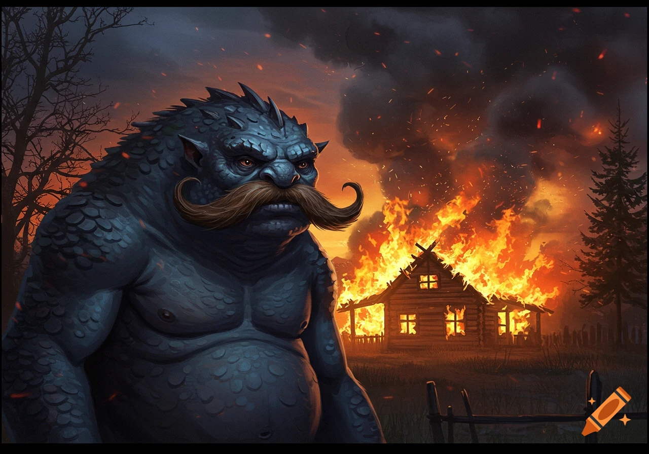 A blue-scaled, burly monster with a large handlebar mustache stands in front of a wooden house engulfed in flames under a dark, fiery sky.