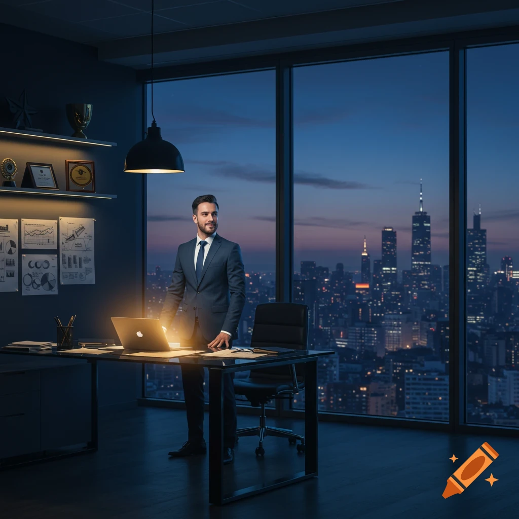 A businessman in a suit stands in a modern office at night, looking out at a city skyline, with a glowing laptop on his desk.