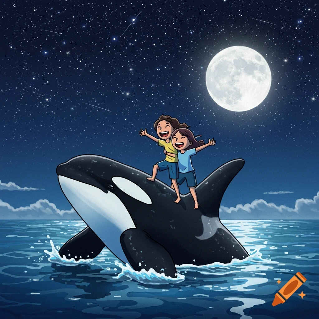 Two happy cartoon girls ride a killer whale across the calm ocean under a bright full moon and starry night sky.