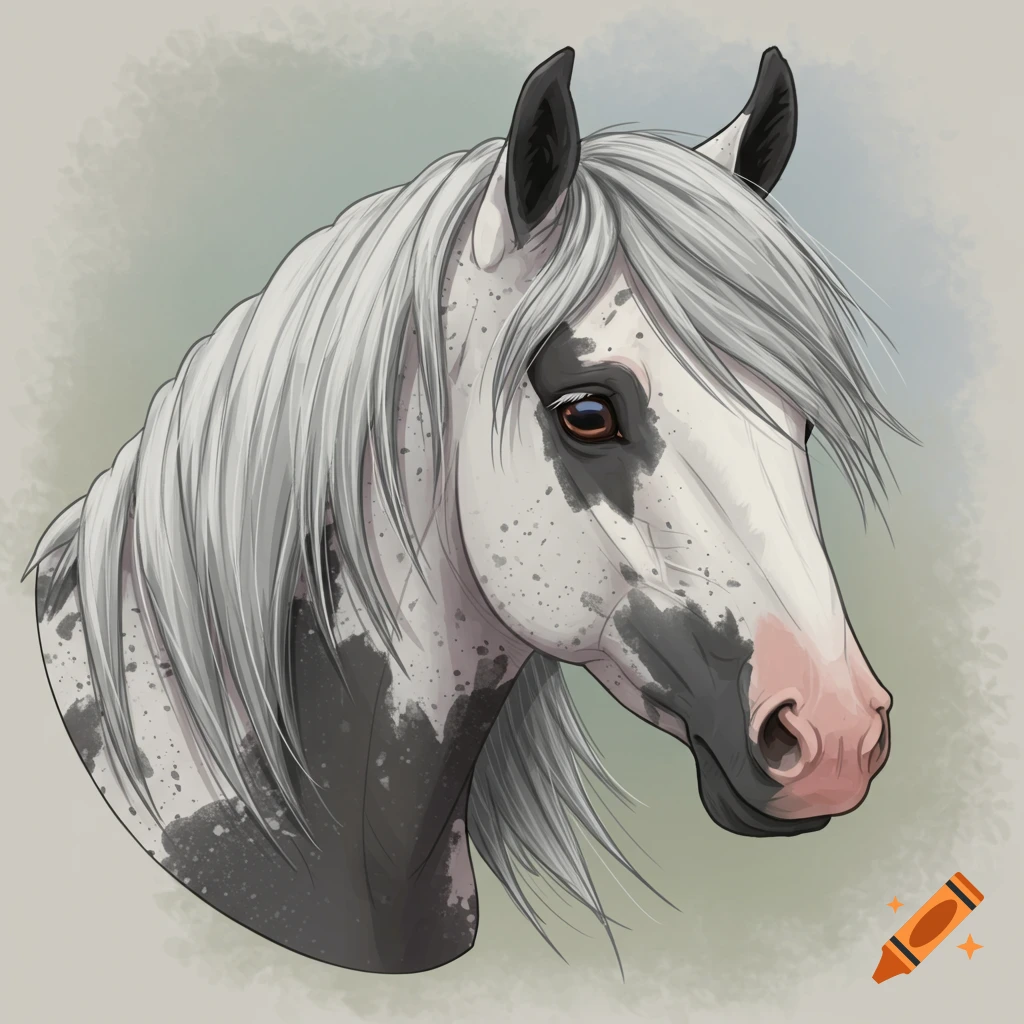 A stylized white horse head with black, grey, and brown flecks, and a flowing smoky grey mane.