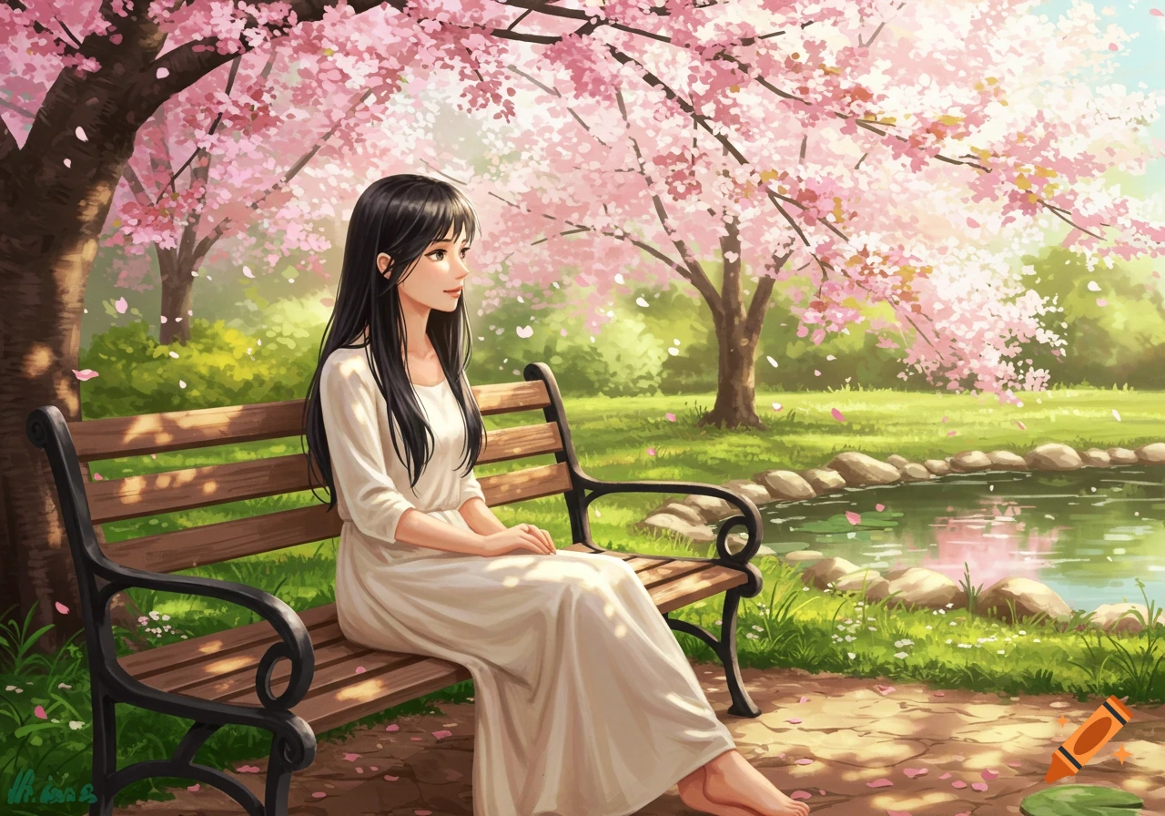 Anime illustration of a woman in a white dress sitting on a park bench under pink cherry blossoms, next to a pond.