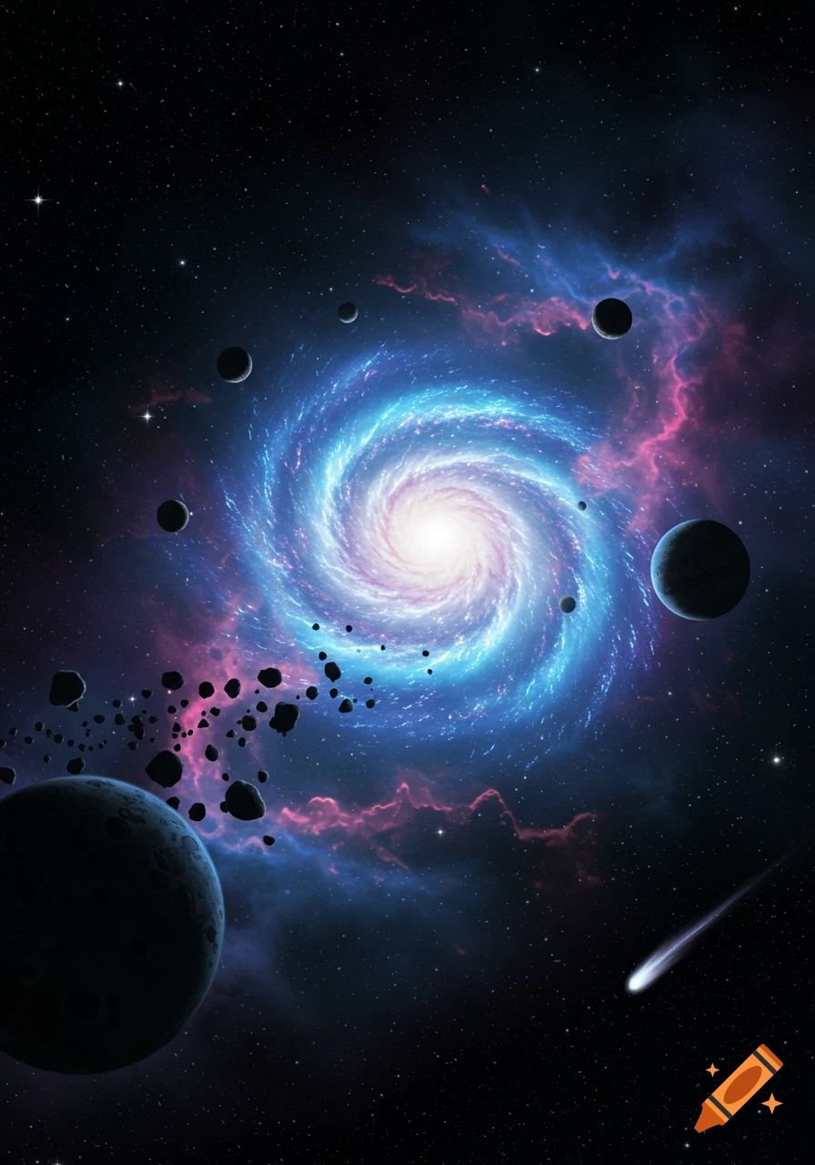 A vibrant spiral galaxy with blue and pink nebulae, surrounded by dark planets, asteroids, and a comet in deep space.