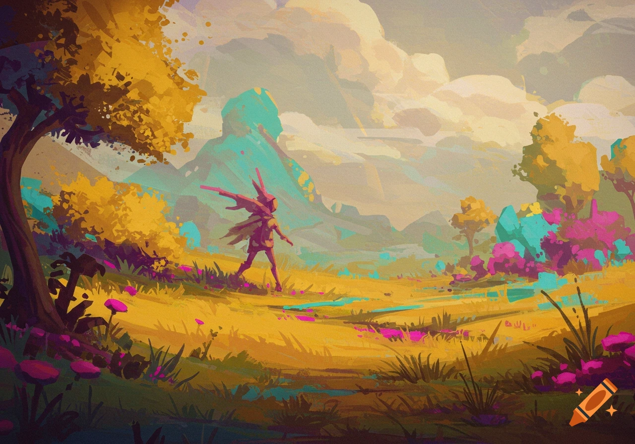 A stylized fantasy landscape painting with a small, cloaked figure walking through a colorful field under a cloudy sky.