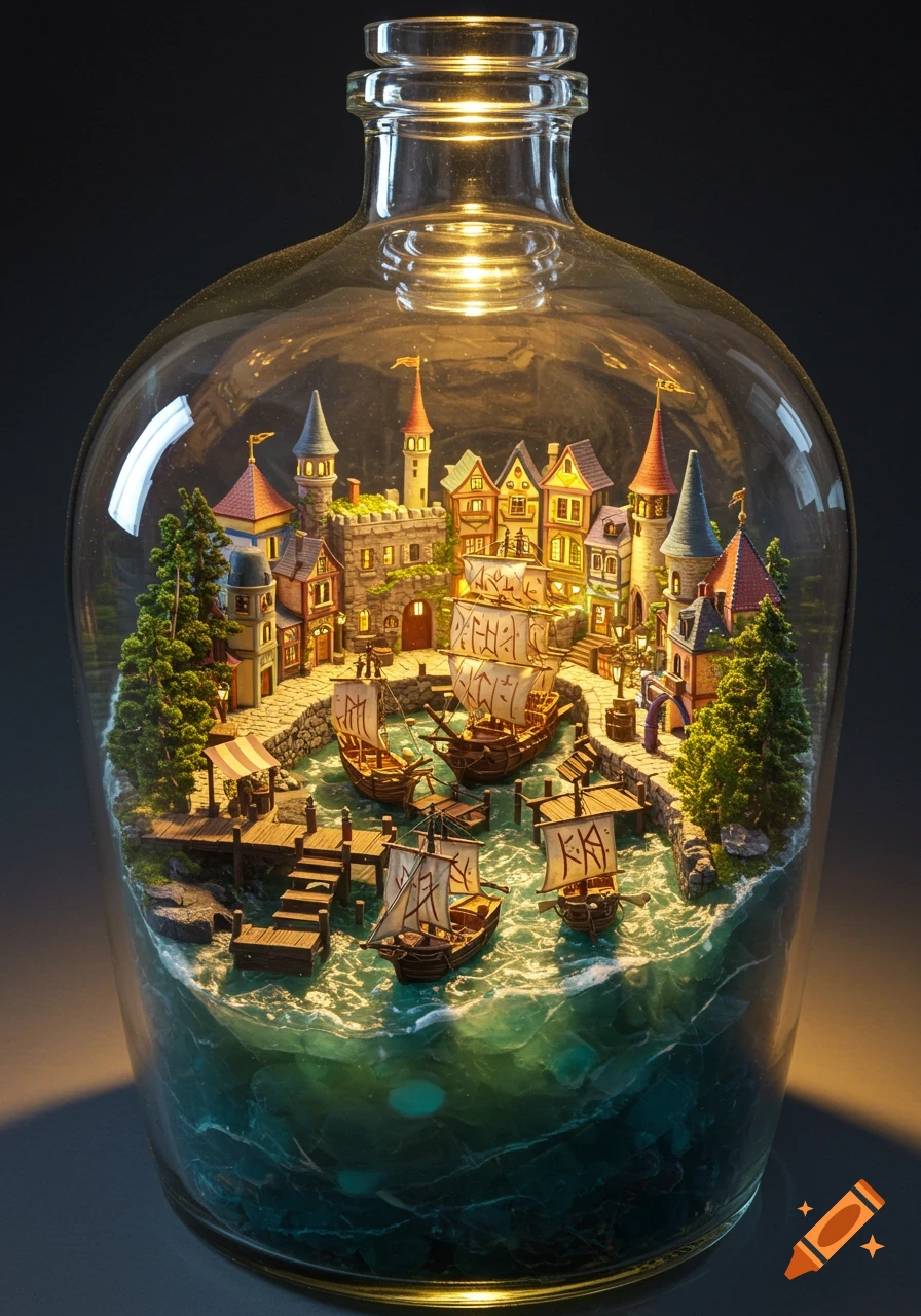 A miniature fantasy port city with many sailing ships in a clear glass bottle, warmly lit from above and below.
