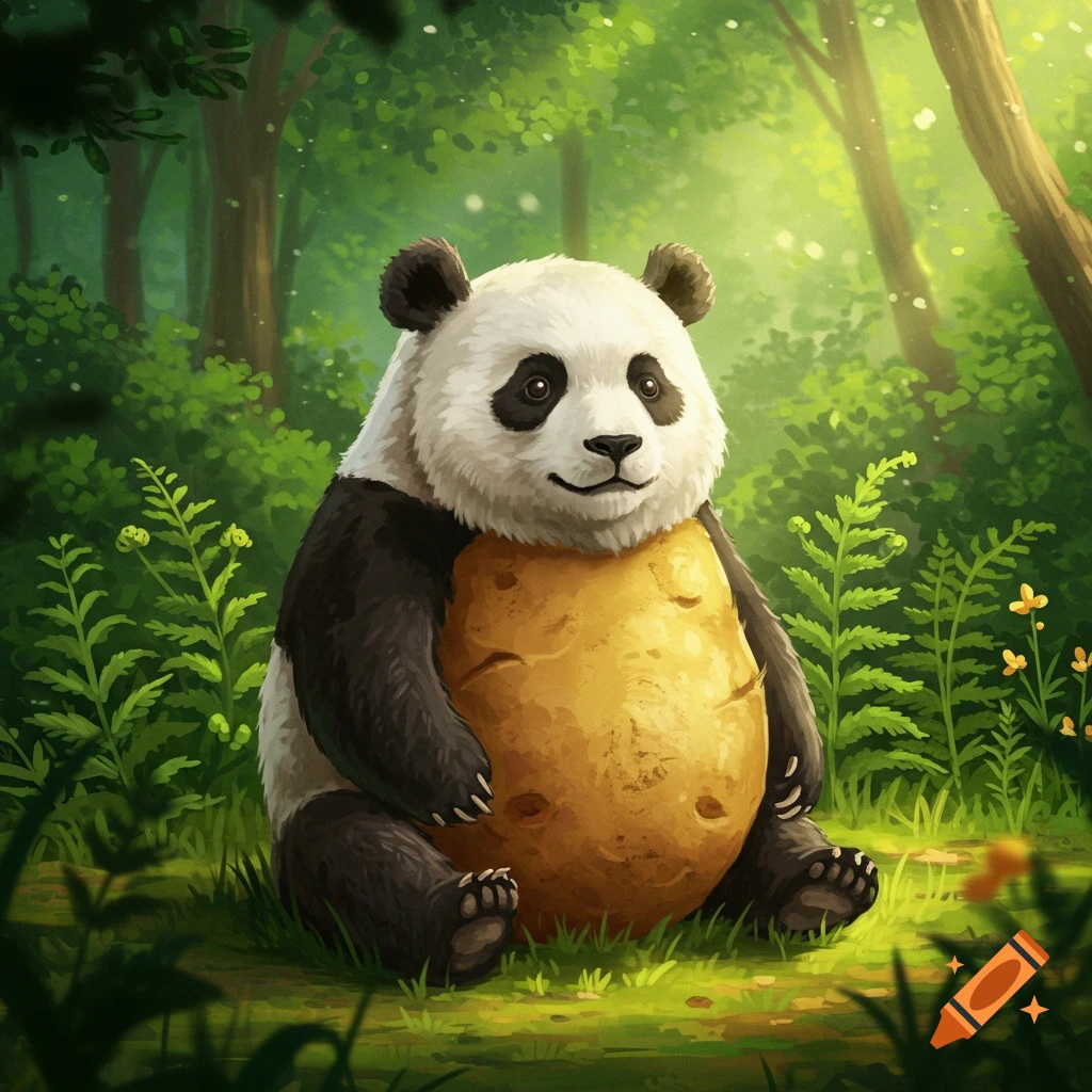 Cartoon panda sitting in a sunlit forest, holding a large potato.