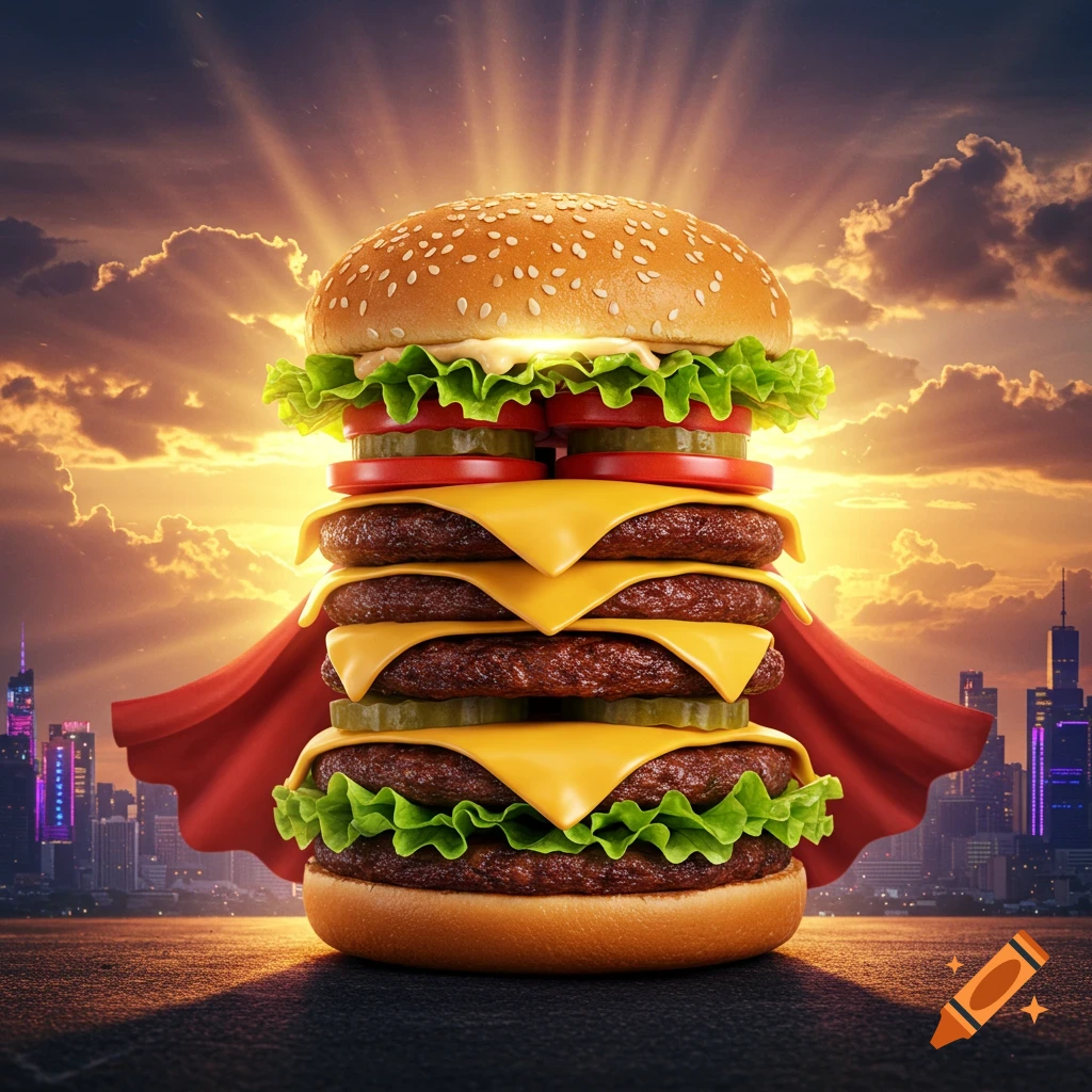 A massive, photorealistic super burger with a red cape stands against a glowing sunset cityscape.