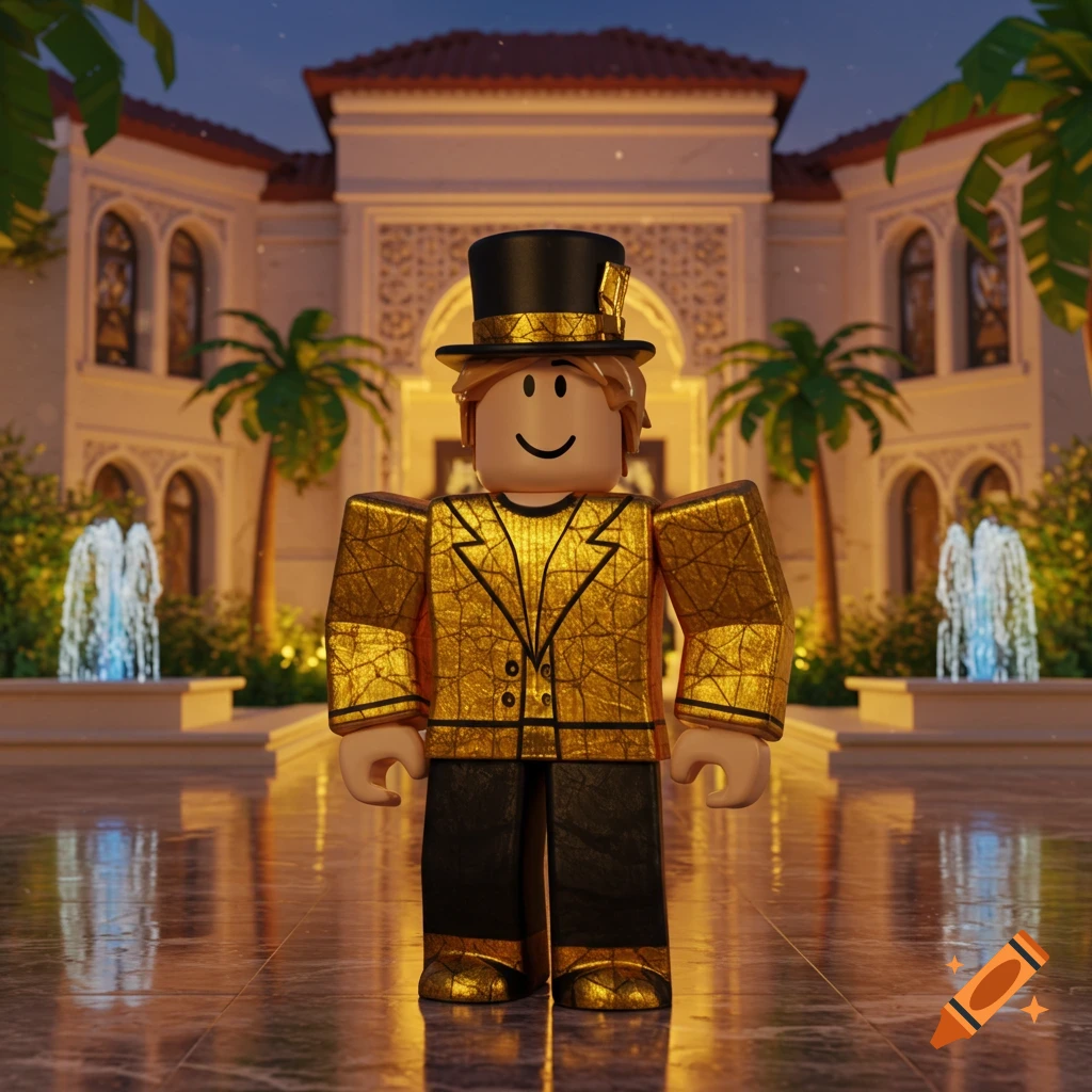 A 3D rendered Roblox character in a gold suit and top hat stands before a luxurious mansion at dusk.