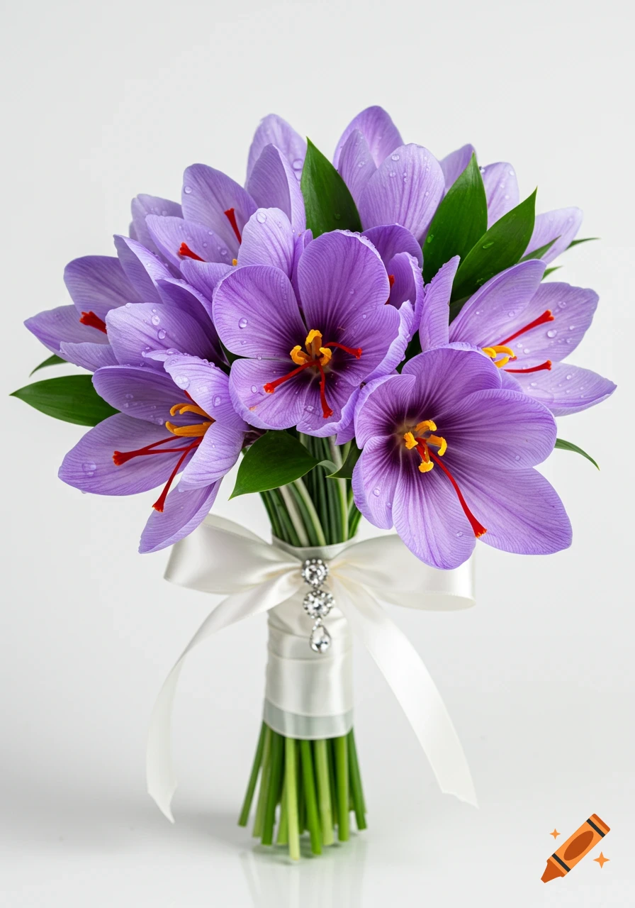 A photorealistic macro shot of a wedding bouquet with purple saffron crocus flowers, dew drops, green leaves, and a white ribbon, on a reflective white background.