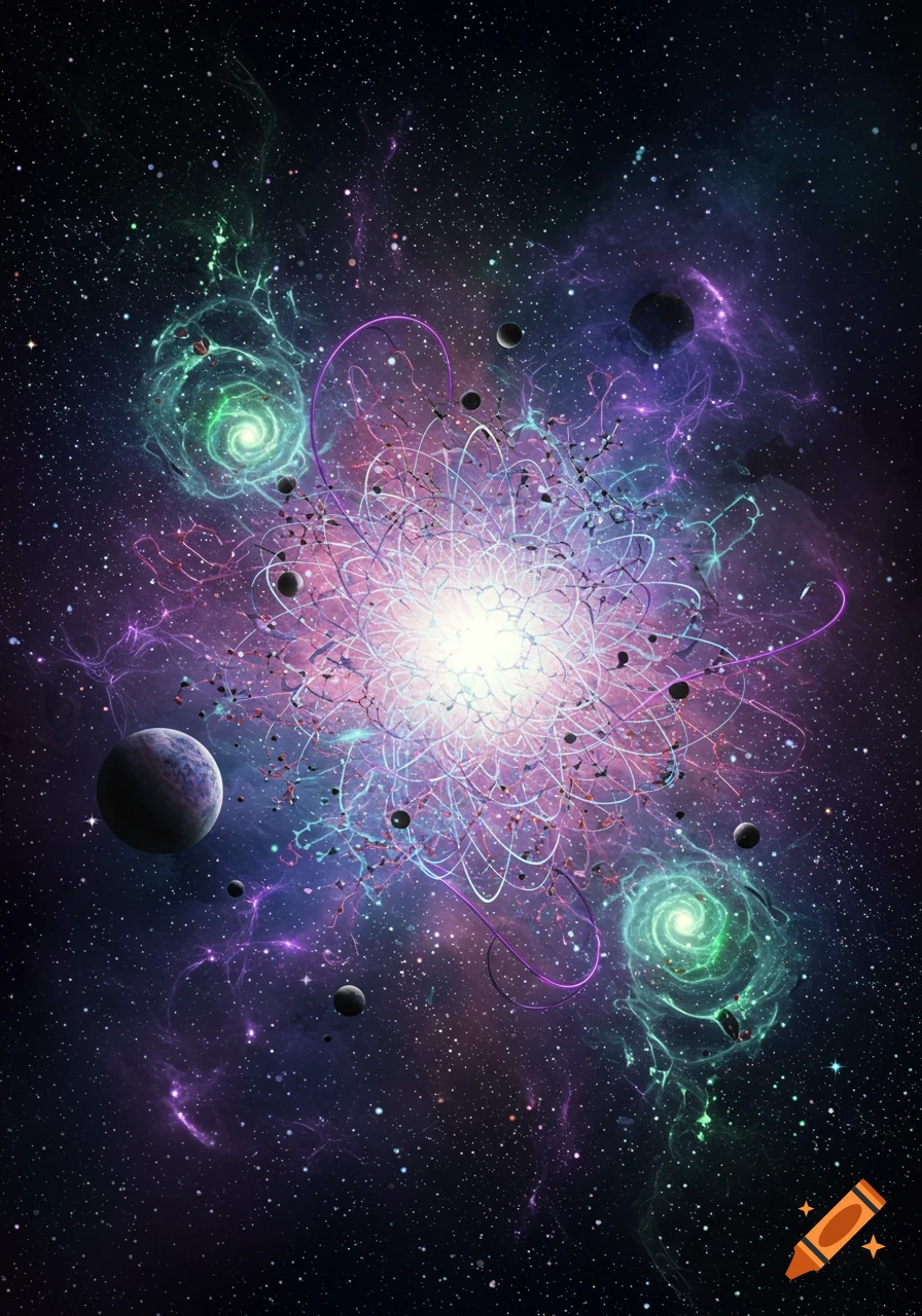A vibrant abstract cosmic scene with a central bright light, swirling nebulae, planets, and countless stars.