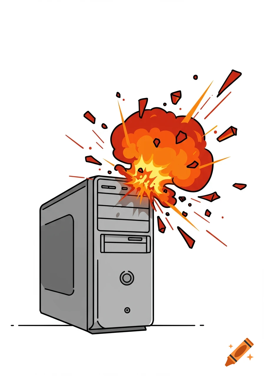 A minimalistic cartoon drawing of a grey desktop computer exploding with orange and red flames.