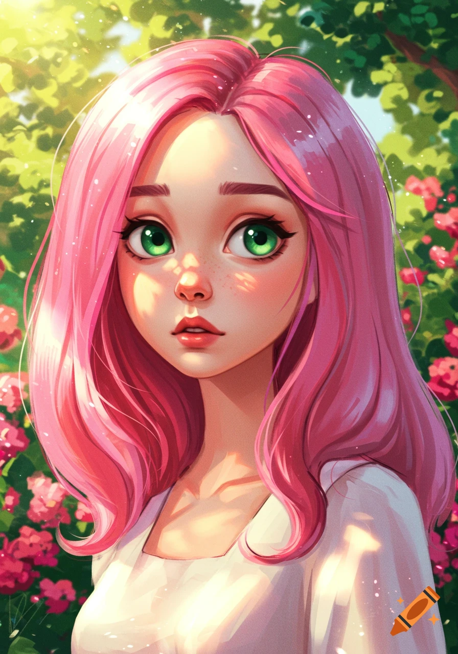 A cartoon portrait of a pink-haired girl with big green eyes, freckles, and a small chin, looking forward in a sunny garden.