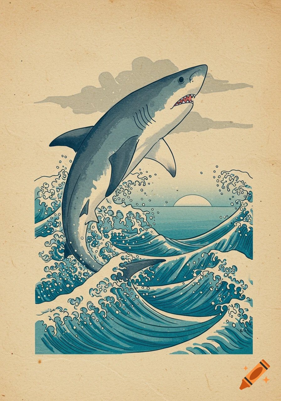 A blue shark leaps out of crashing ocean waves with a sunset on the horizon, in an ancient Japanese painting style on parchment.